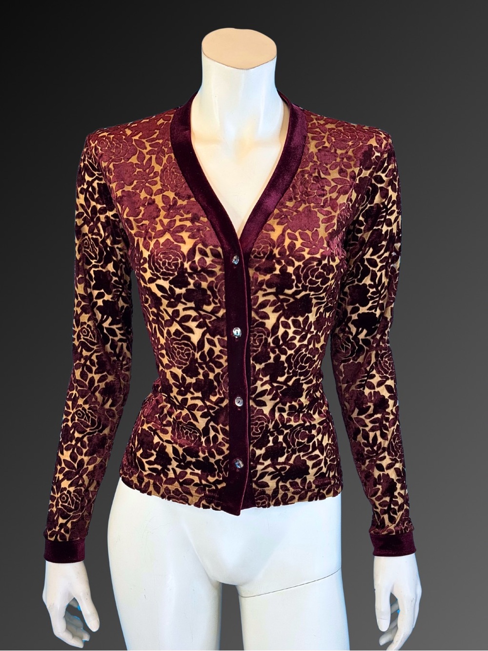 90s Burgundy Velvet Burnout Romantic Gothic Floral Devore Cardigan | XS S